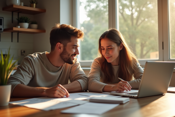 Jeune couple heureux à la maison avec documents et ordinateur