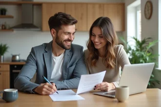 Couple souriant signant un contrat de pret dans une cuisine moderne