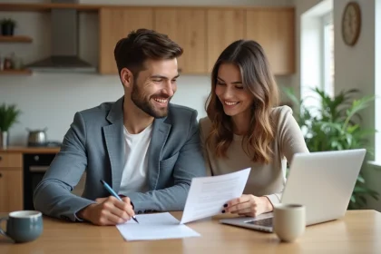 Couple souriant signant un contrat de pret dans une cuisine moderne