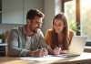 Jeune couple souriant révisant des documents dans une cuisine lumineuse
