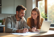 Jeune couple souriant révisant des documents dans une cuisine lumineuse