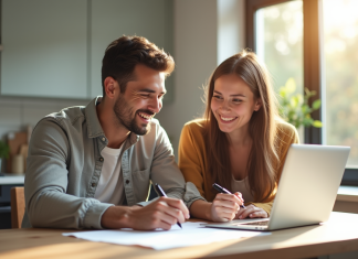 Jeune couple souriant révisant des documents dans une cuisine lumineuse