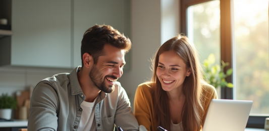 Comment faire face aux imprévus avec le crédit pont ? Jeune couple souriant révisant des documents dans une cuisine lumineuse