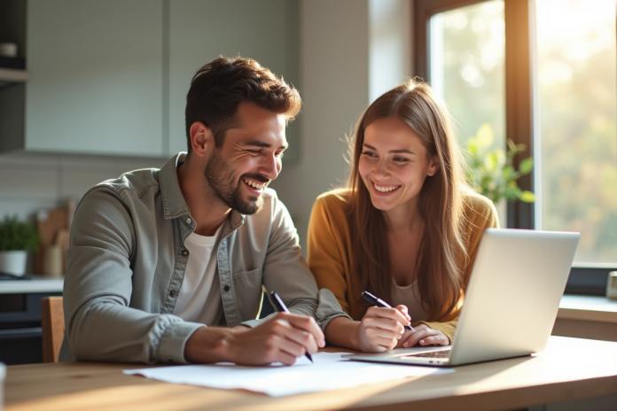 Jeune couple souriant révisant des documents dans une cuisine lumineuse