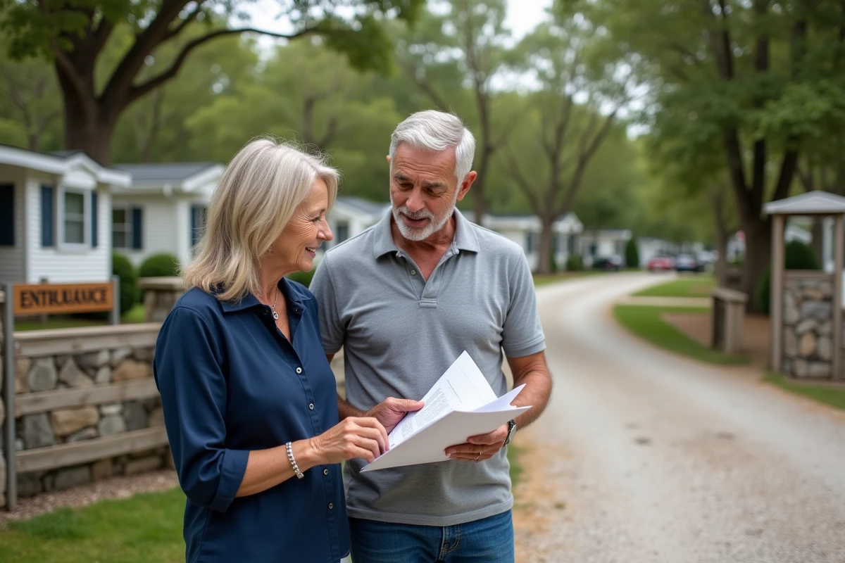 Couple consultant le règlement d'un parc résidentiel de loisirs lors d'une visite avant achat d'une parcelle