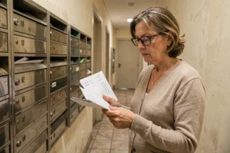 Femme en copropriété triant le courrier NPAI devant les boîtes aux lettres d'un immeuble résidentiel