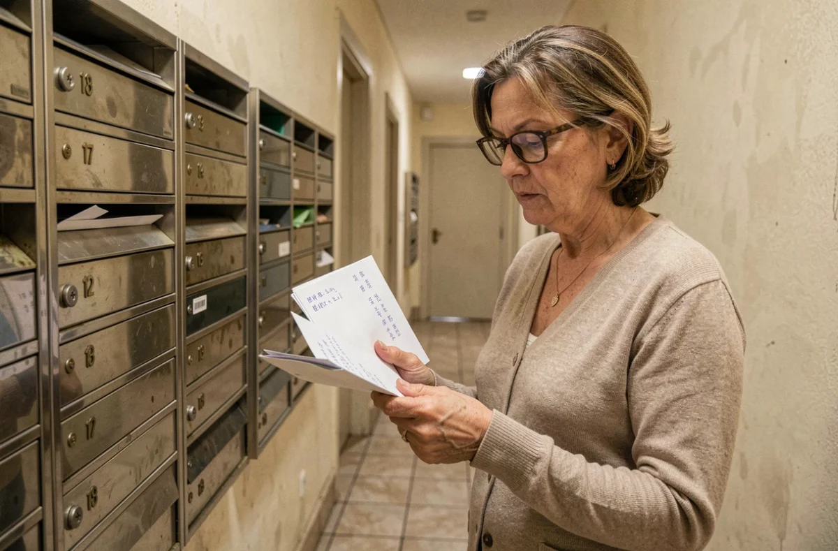 Femme en copropriété triant le courrier NPAI devant les boîtes aux lettres d'un immeuble résidentiel