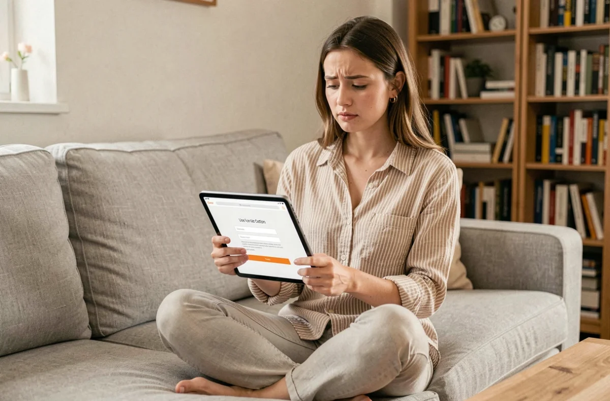 Jeune femme créant son compte sur loc'annonces Paris depuis sa tablette dans son salon