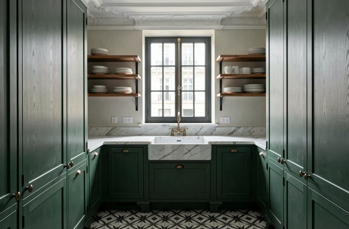 Cuisine de style haussmannien avec carreaux de ciment, marbres et boiseries dans un logement neuf
