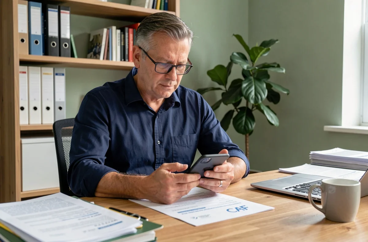 Homme consultant sa déclaration de loyer CAF sur smartphone en comparant avec des documents papier dans un bureau à domicile