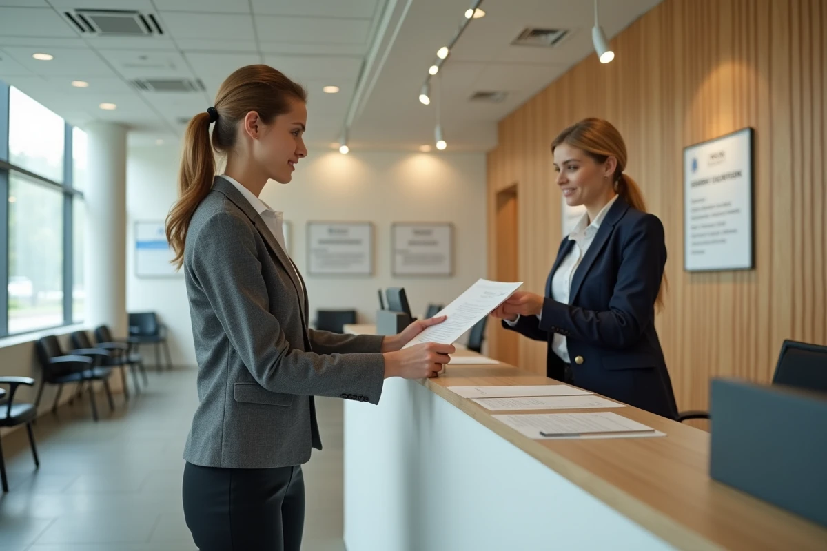 Femme déposant une demande au guichet d'un service foncier pour obtenir l'adresse d'un propriétaire