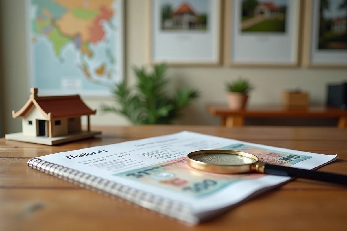 Documents immobiliers thaïlandais, billets en baht et maquette de maison sur une table en teck pour illustrer l'estimation de prix