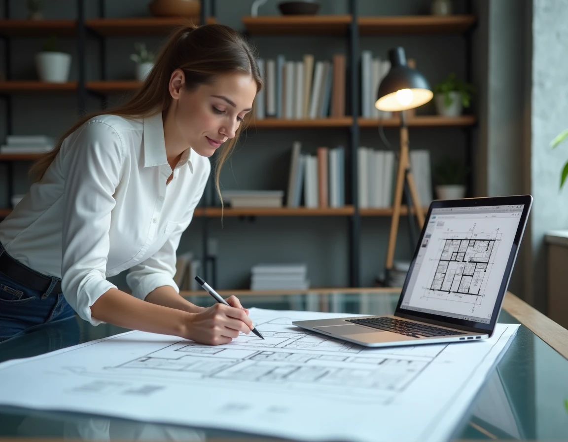 Architecte mesurant des surfaces directement sur un plan PDF numérique avec l'outil E-Plans sur tablette graphique