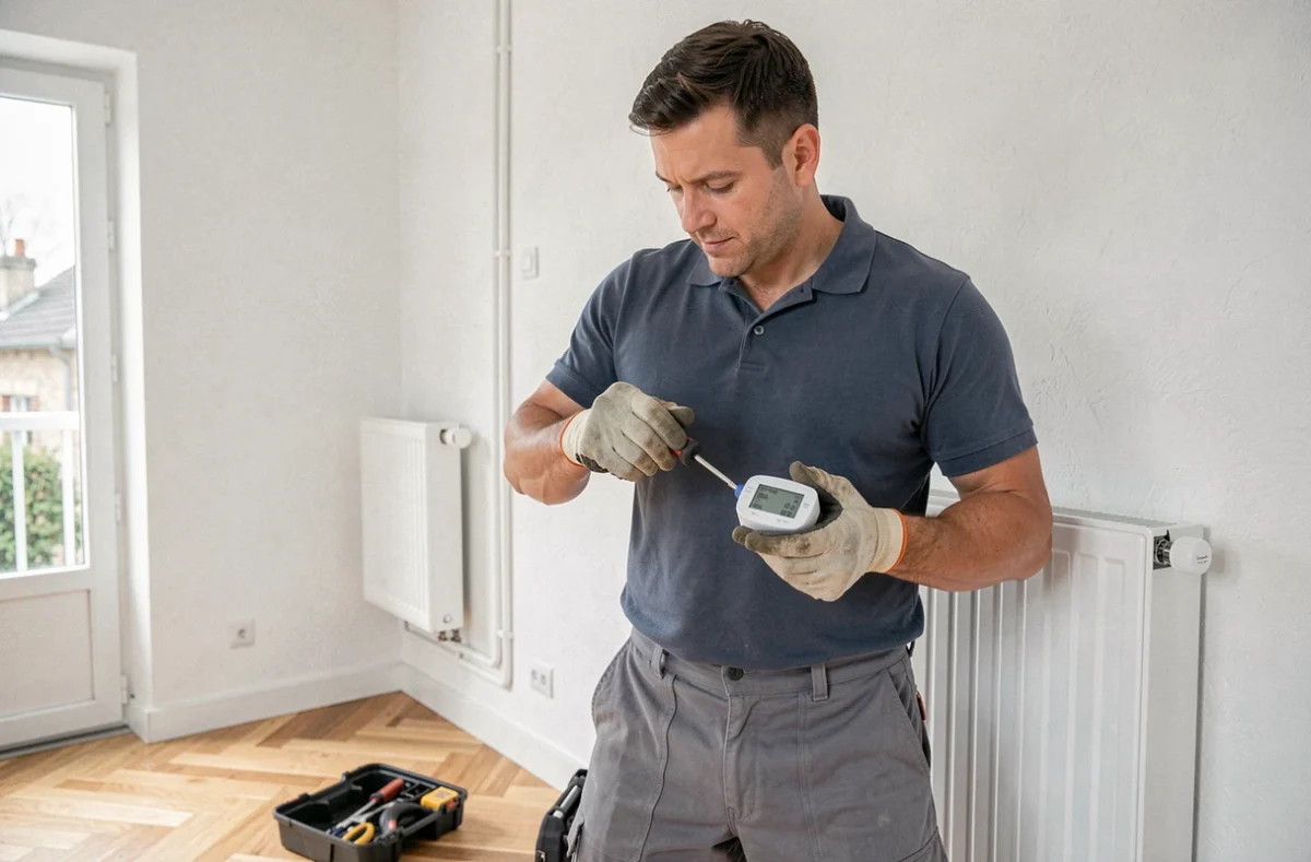Électricien installant un radiateur performant et un thermostat programmable au Raincy