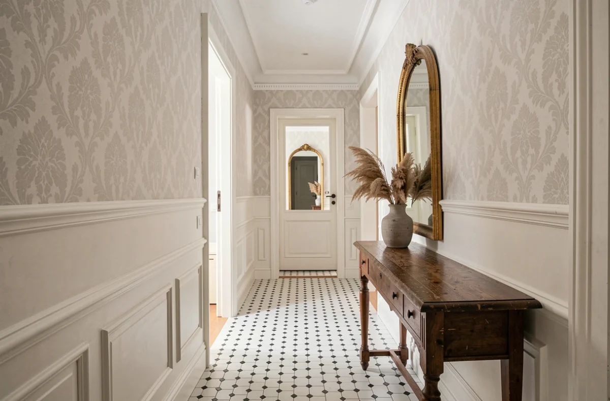 Entrée d'appartement neuf décorée dans le style haussmannien avec lambris, miroir doré et carreaux de ciment