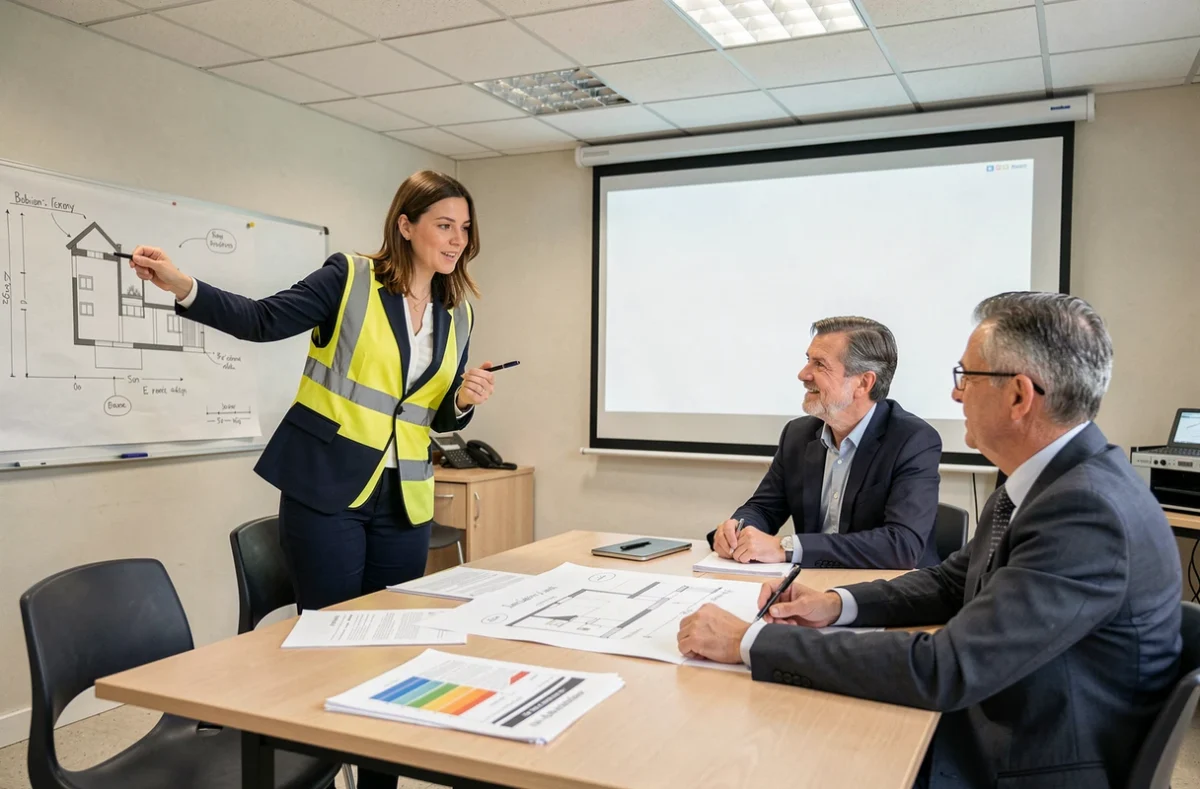 Consultante présentant un plan de rénovation énergétique à des copropriétaires à Bobigny