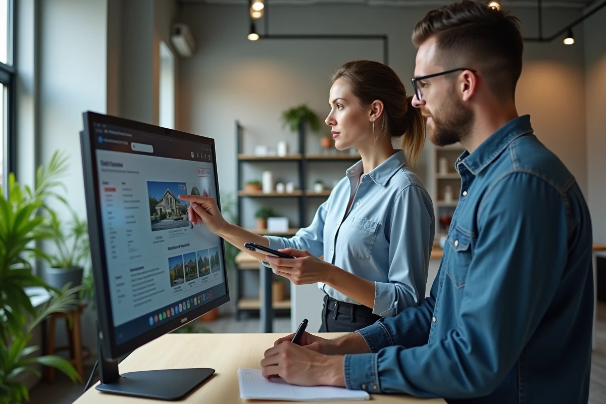 Deux professionnels de l'immobilier analysant ensemble les fonctionnalités avancées de Lions-immobilier.com sur un écran partagé dans un espace de coworking