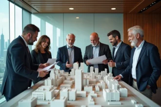 Groupe d'architectes autour d'un modèle de ville moderne
