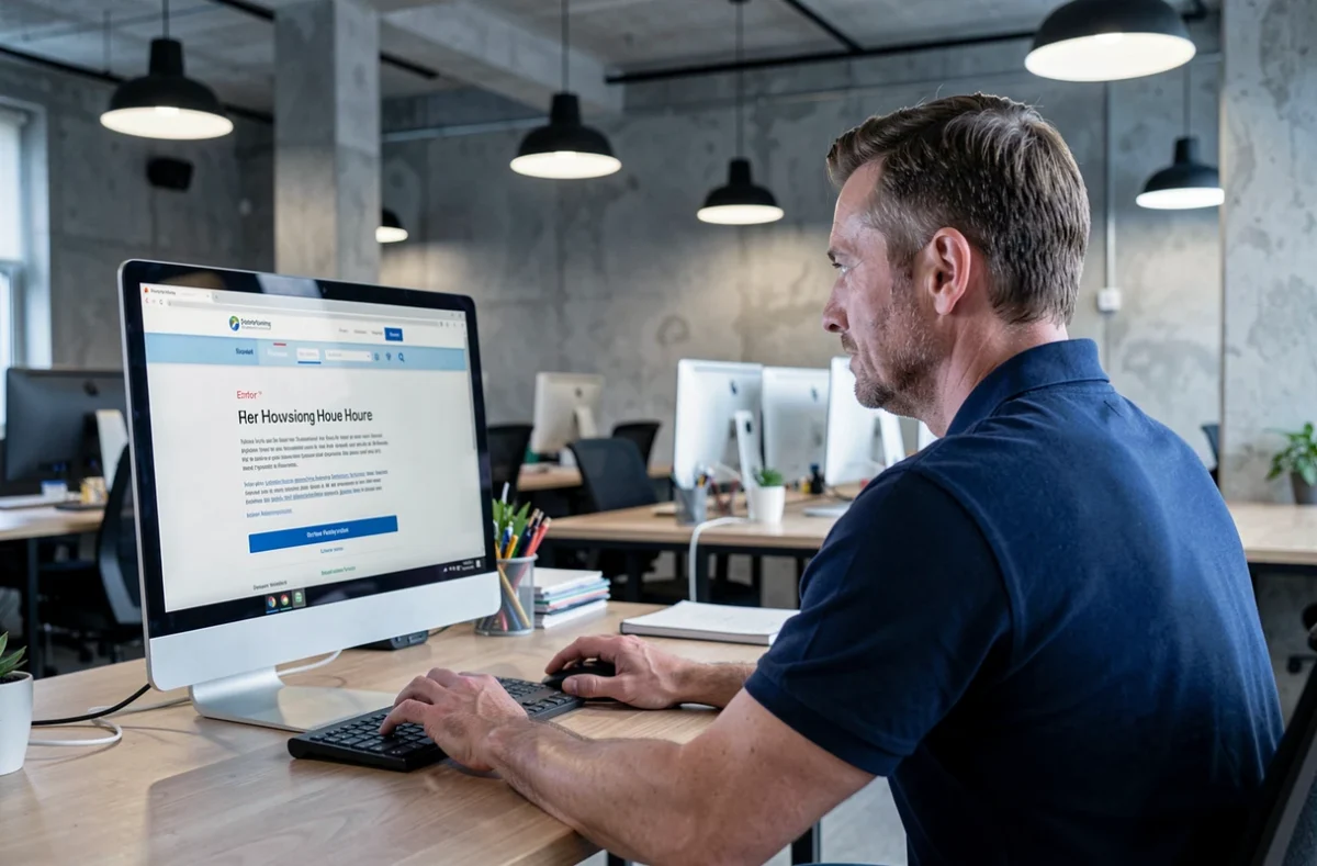 Homme face à un message d'erreur lors de sa première connexion sur un portail immobilier parisien en coworking