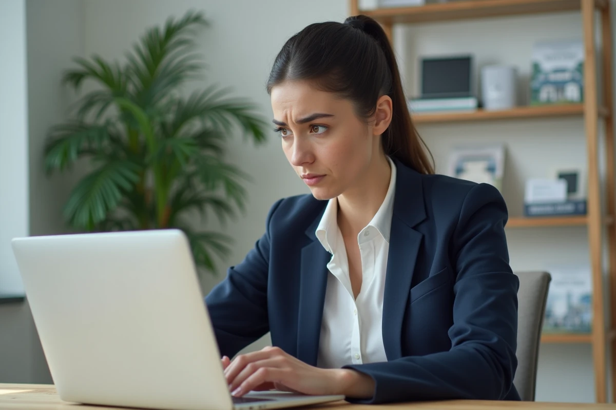 Femme frustrée utilisant mal l'outil d'estimation immobilière Jestimo sur son ordinateur portable