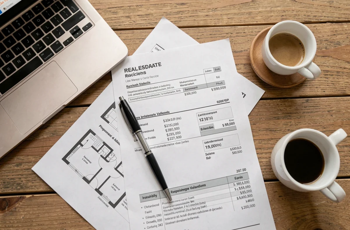 Documents d'estimation immobilière et rapport de prix de vente sur un bureau en bois pour agence immobilière