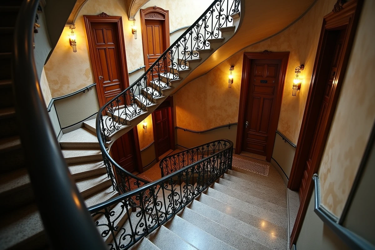 Cage d'escalier intérieure d'un immeuble haussmannien montrant l'organisation des étages avec les paliers, portes d'appartements et rampe en ferronnerie d'époque