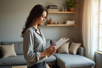 Femme inspectant un appartement meublé avec une liste de mobilier imprimée sur un clipboard lors d'un état des lieux