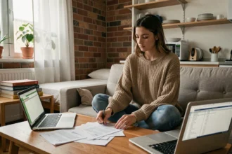 Étudiante examinant son contrat de bail dans un studio BIS compact avec kitchenette et bureau