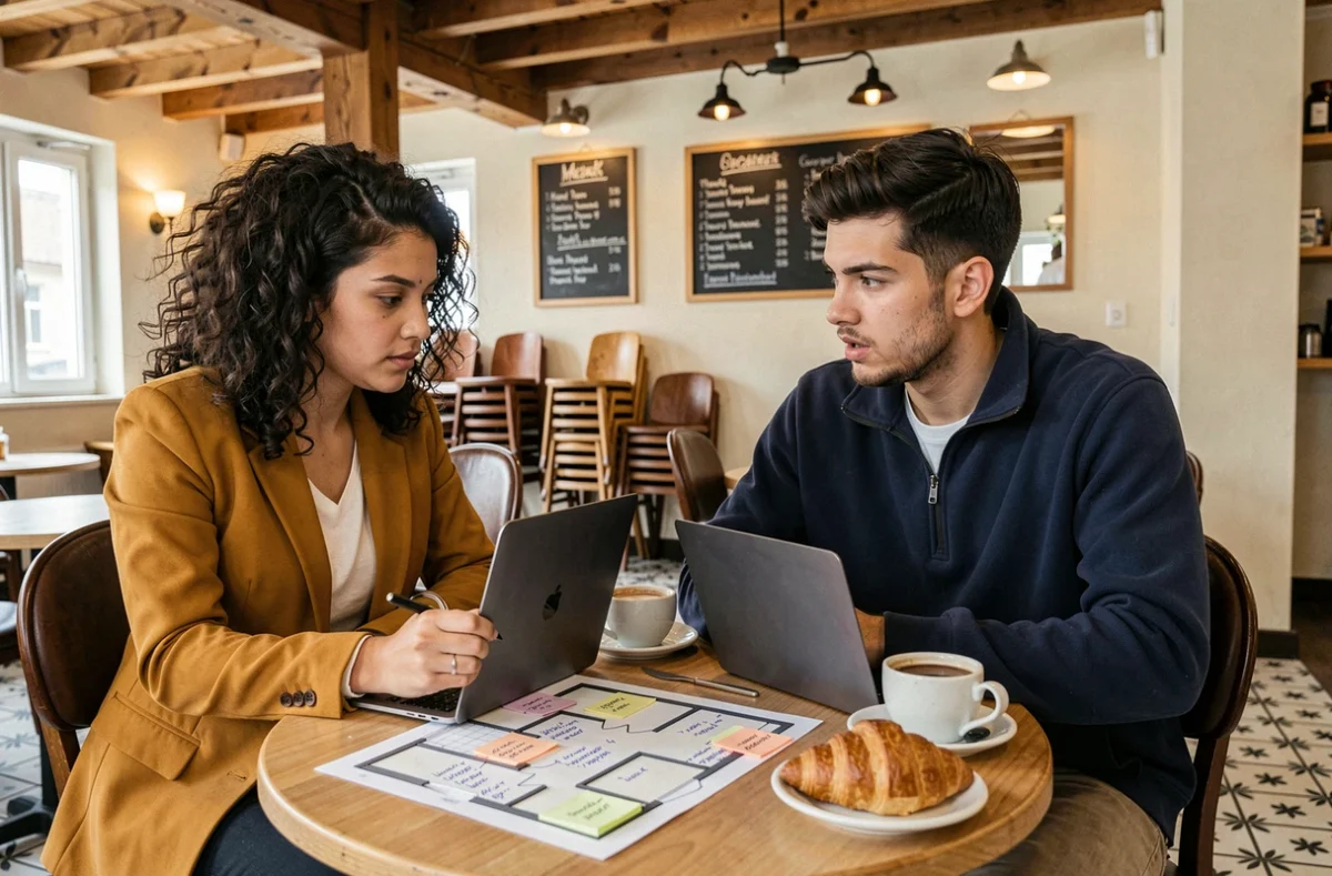 Deux étudiants analysant le plan d'un studio BIS dans un café pour évaluer ses avantages et contraintes