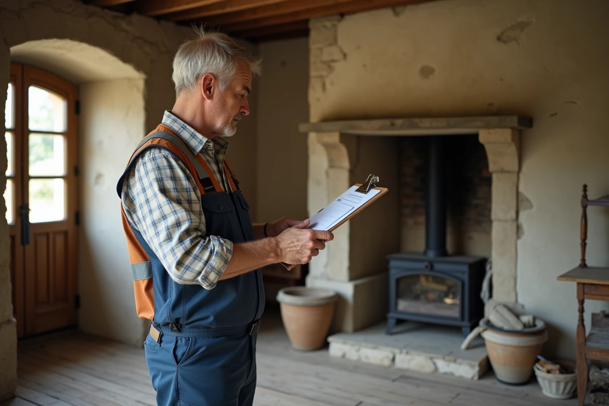Expert en énergie examine une cheminée ancienne dans une maison rustique