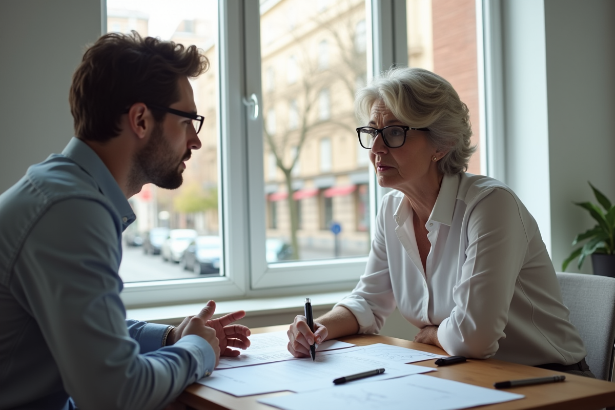 Experte immobiliere discutant d’un rapport avec un jeune homme