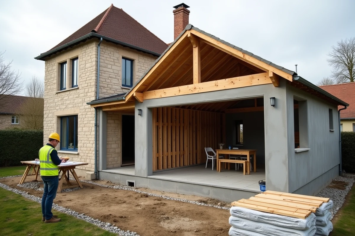 Extension de maison en cours de construction avec charpente bois apparente et maçonnerie neuve accolée à une maison ancienne en pierre, un artisan consultant des plans sur chantier