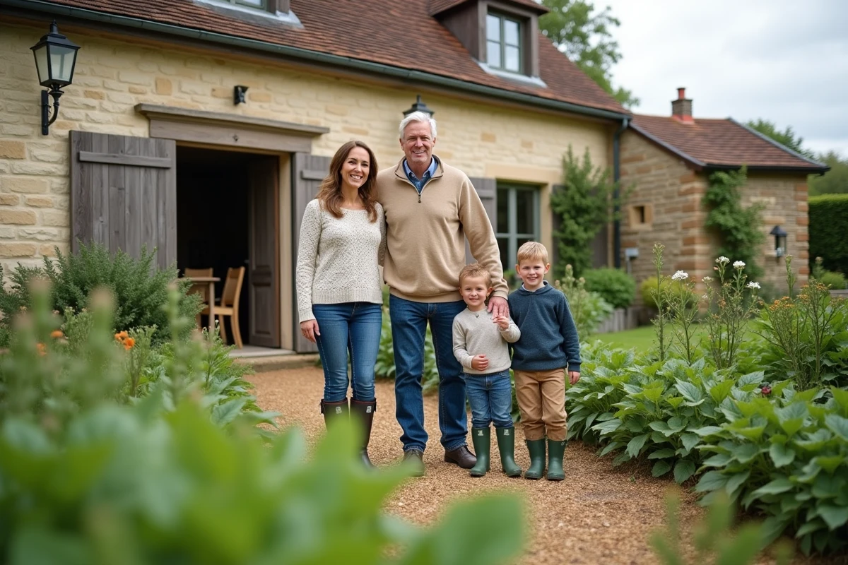 Famille dans le jardin d'une longère normande authentique