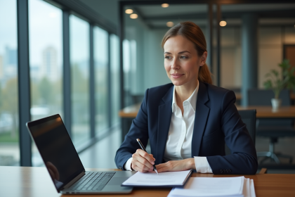 Femme d'affaires confiante en blazer navy dans un bureau moderne