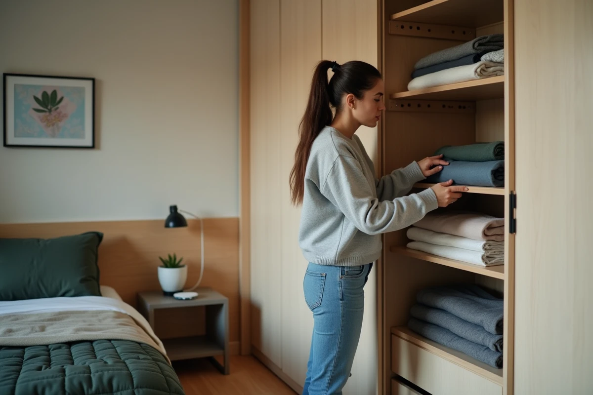 Jeune femme rangeant ses affaires dans une armoire de chambre meublée en colocation