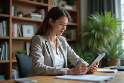 Femme en bureau lisant des avis sur une tablette