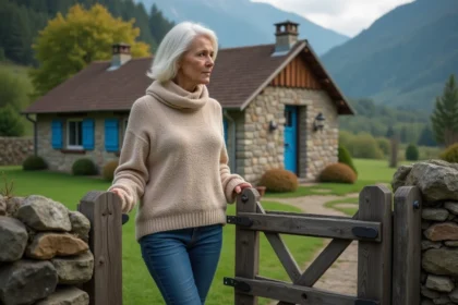 Femme en pull et jeans devant une maison de campagne