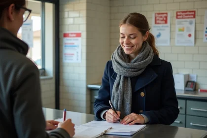 Jeune femme remplissant un formulaire de changement d'adresse à la poste