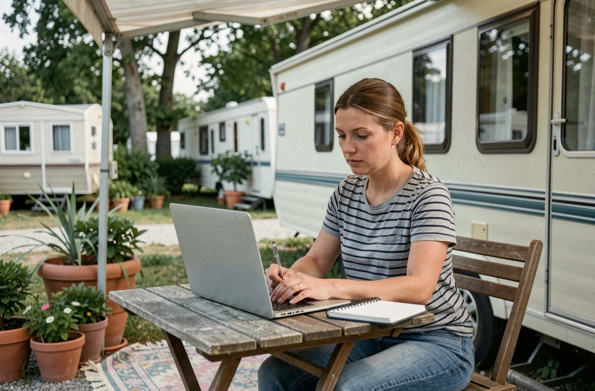 Femme comparant les tarifs d'emplacements de mobil home à l'année sur un ordinateur portable dans un camping résidentiel