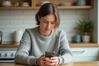 Femme consultant l'espace client MyFoncia sur son smartphone dans une cuisine moderne