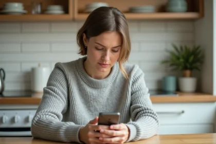 Femme consultant l'espace client MyFoncia sur son smartphone dans une cuisine moderne