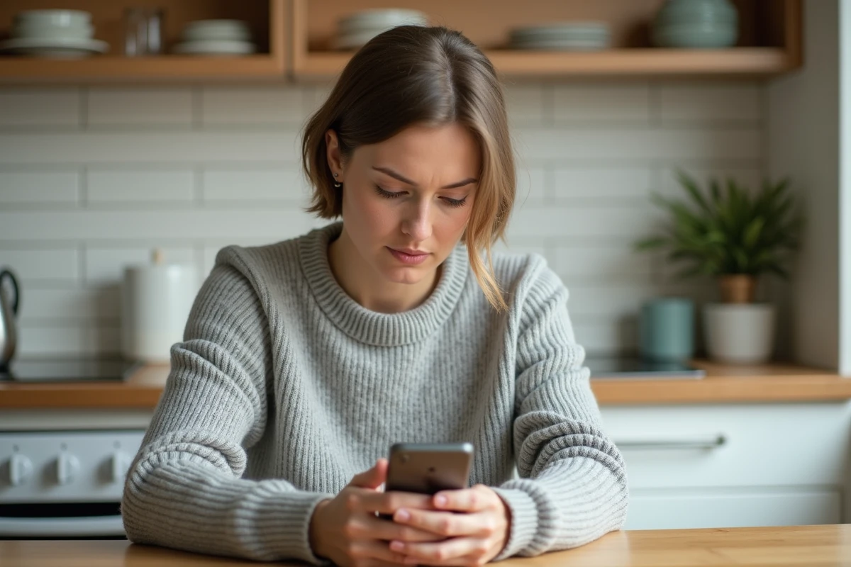 Femme consultant l'espace client MyFoncia sur son smartphone dans une cuisine moderne