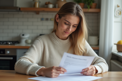 Femme lisant un contrat d'assurance à la maison