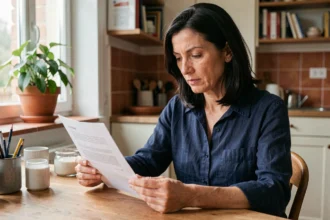 Femme consultant un contrat d'assurance habitation à la table de sa cuisine dans un appartement moderne