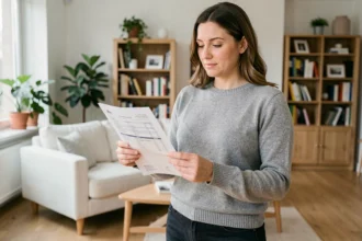 Femme consultant son contrat d'assurance multirisque habitation dans un appartement moderne