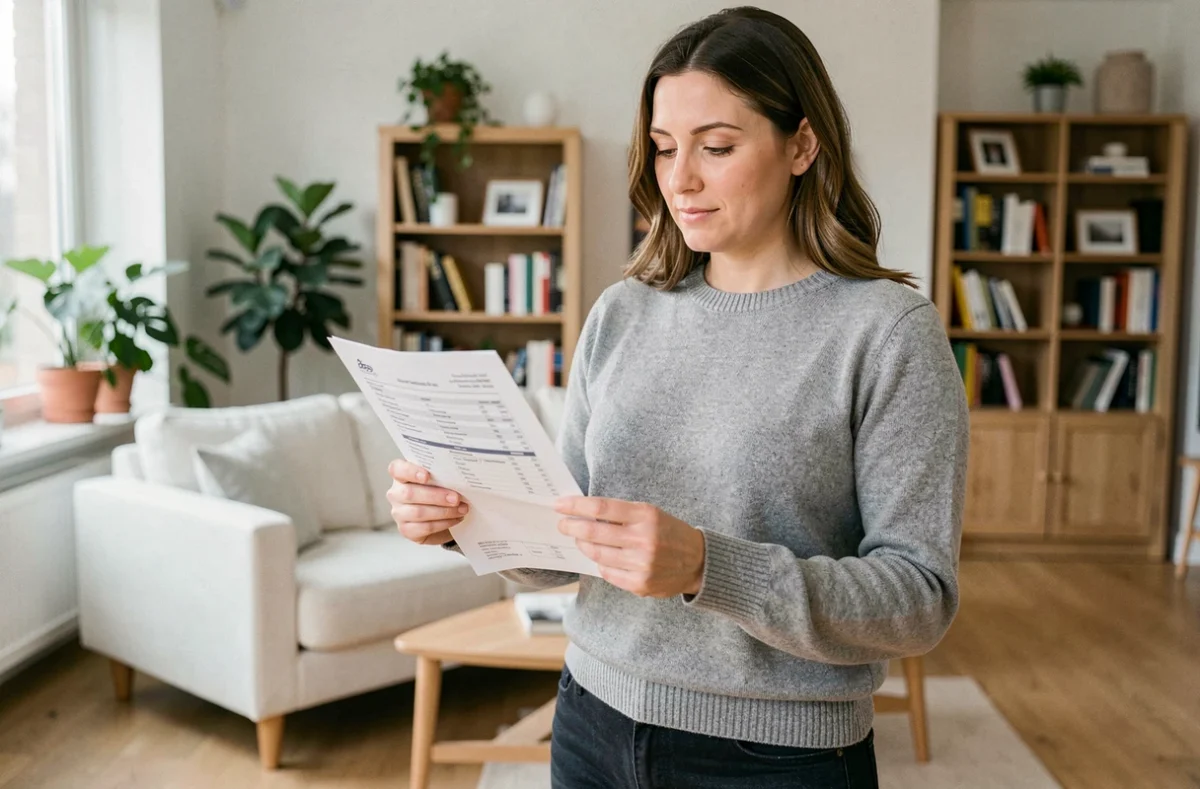 Femme consultant son contrat d'assurance multirisque habitation dans un appartement moderne