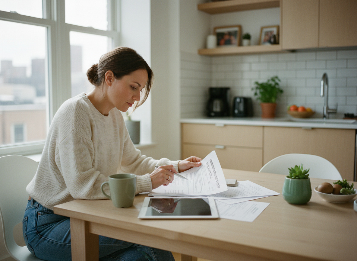 Jeune femme examinant des papiers d