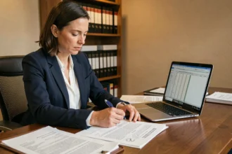 Femme entrepreneur examinant des documents juridiques pour créer une SCI seule en vue d'un achat immobilier
