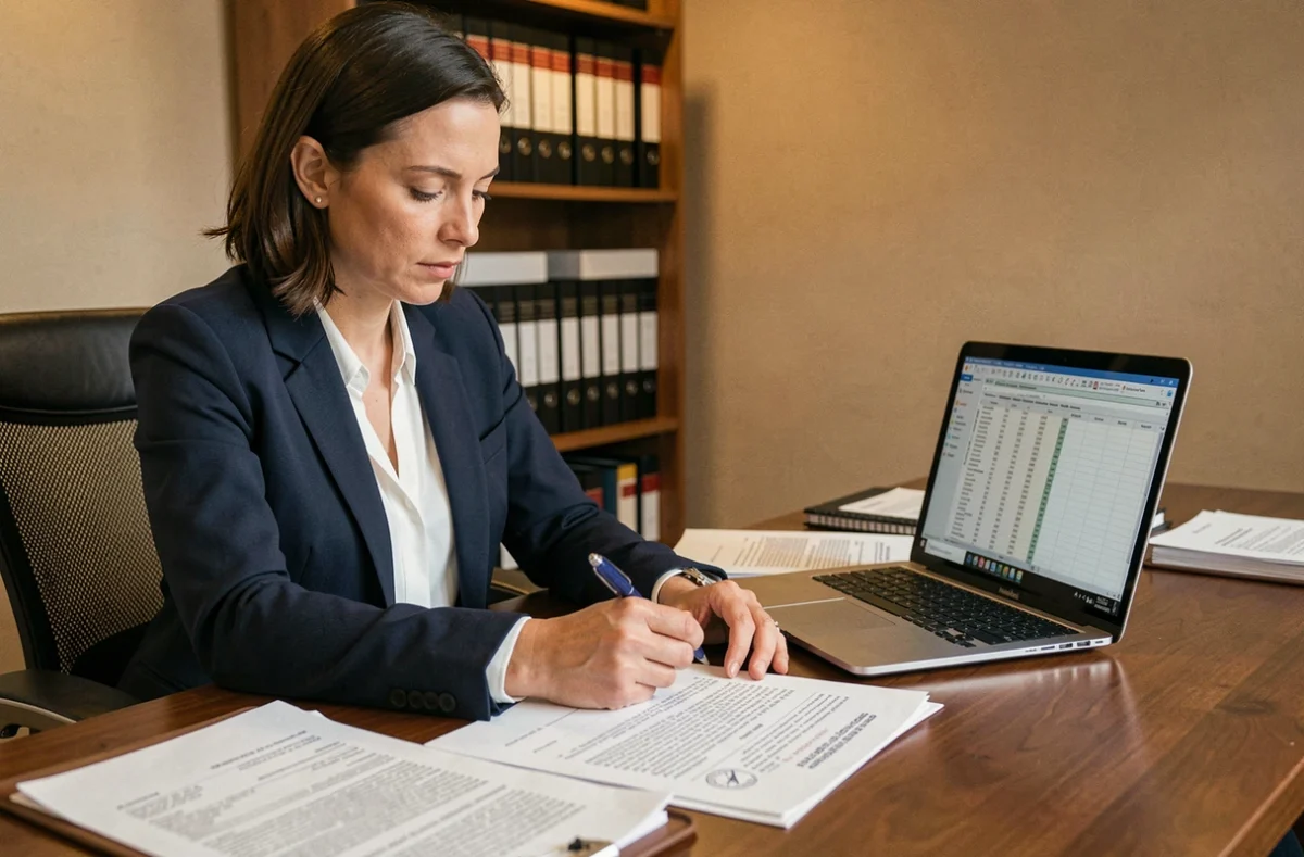 Femme entrepreneur examinant des documents juridiques pour créer une SCI seule en vue d'un achat immobilier