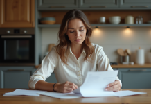 Éligibilité prêt : Comment déterminer si vous y avez droit ? Femme lisant un document dans une cuisine moderne
